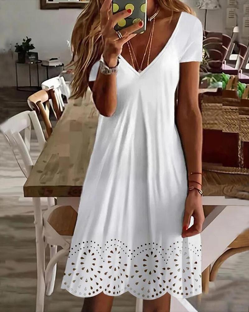 

Hollow Out Scallop Trim Casual Dress, White