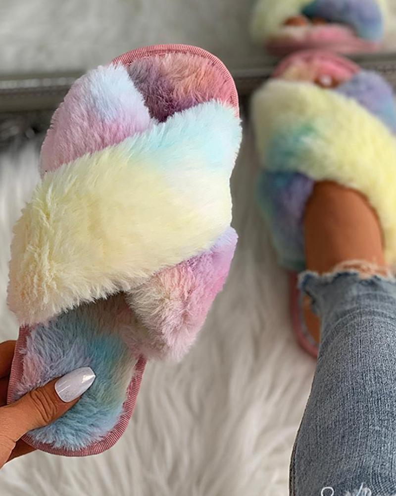 

Colorblock Bandage Fluffy Slippers, Multicolor