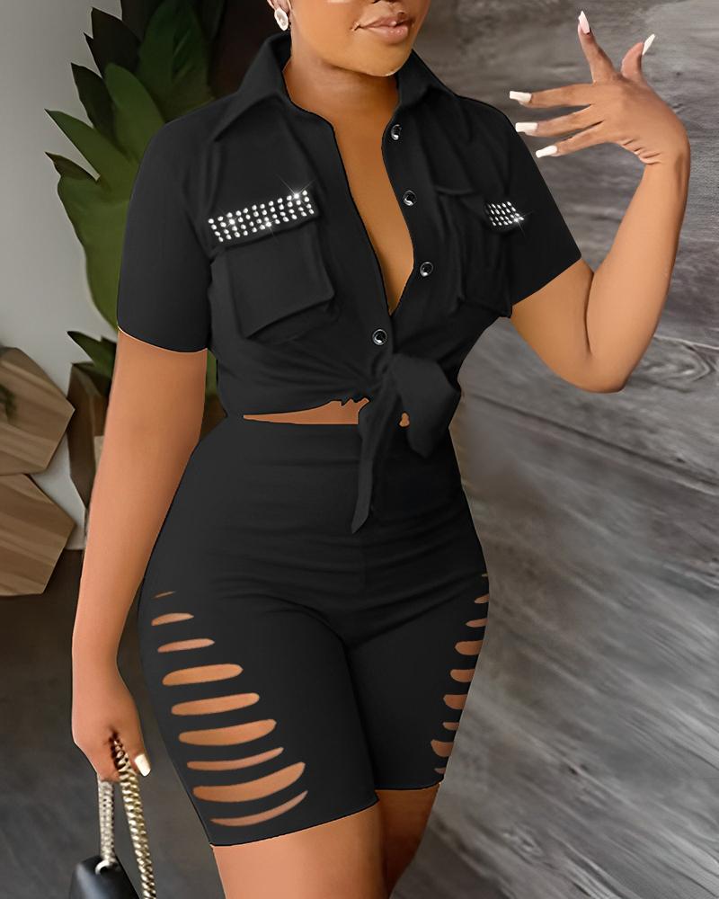 

Rhinestone Pocket Design Crop Top & Ladder Cutout Shorts Set, Black