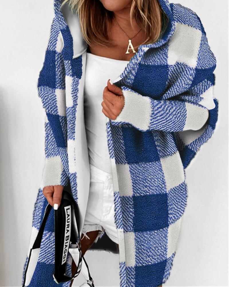 

Plaid Print Colorblock Open Front Batwing Hooded Cardigan, Blue