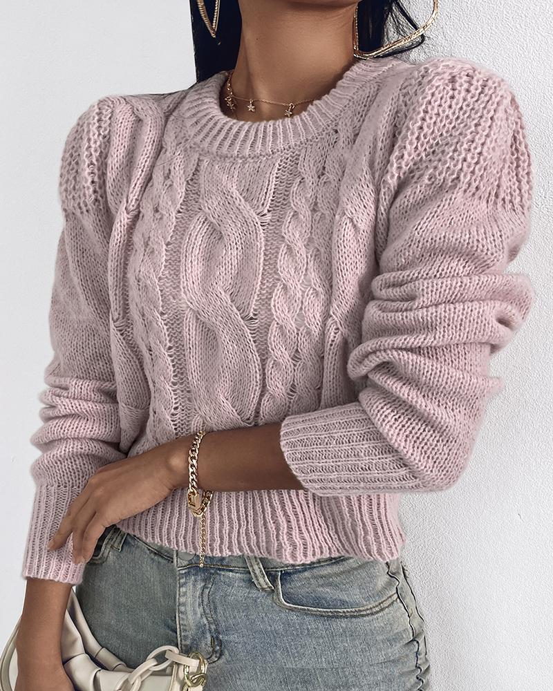 

Long Sleeve O-Neck Braided Knit Sweater, Pink