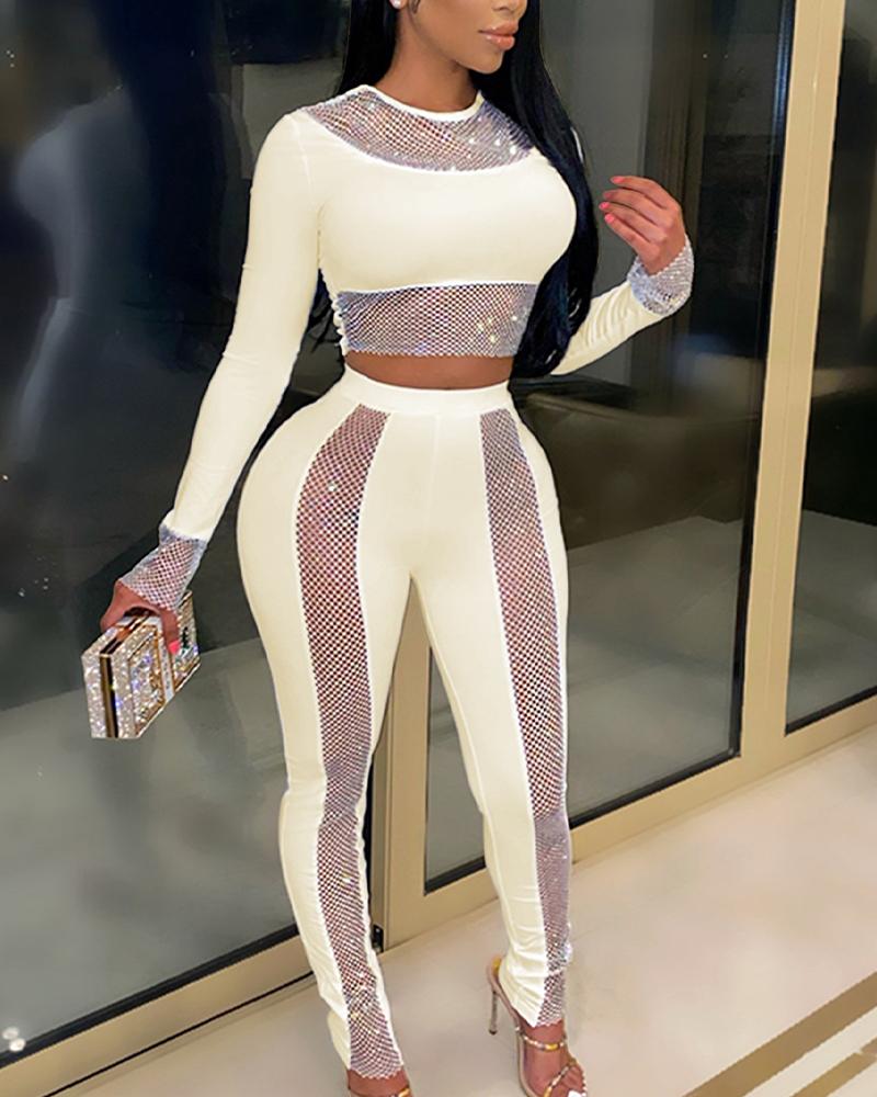 

Two Piece Sets Long Sleeve Studded Crop Top & Pencil Pants Set, Apricot