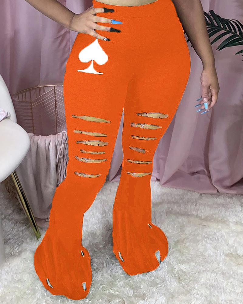 

Poker Print Ladder Cutout Bootcut Pants, Orange