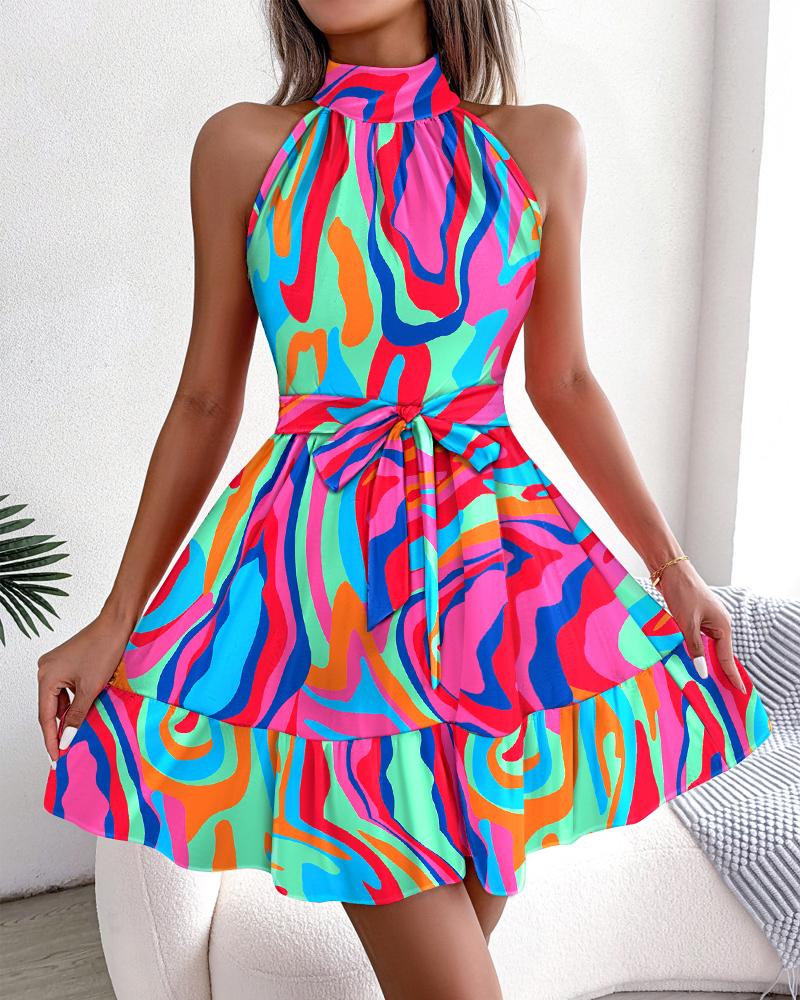 

Multi-Color Abstract Print Ruffles Casual Dress, Hot pink