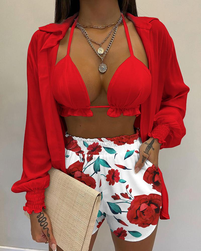 

Conjunto de 3 peças de camisa manga lanterna e shorts com estampa floral com top cropped, Red