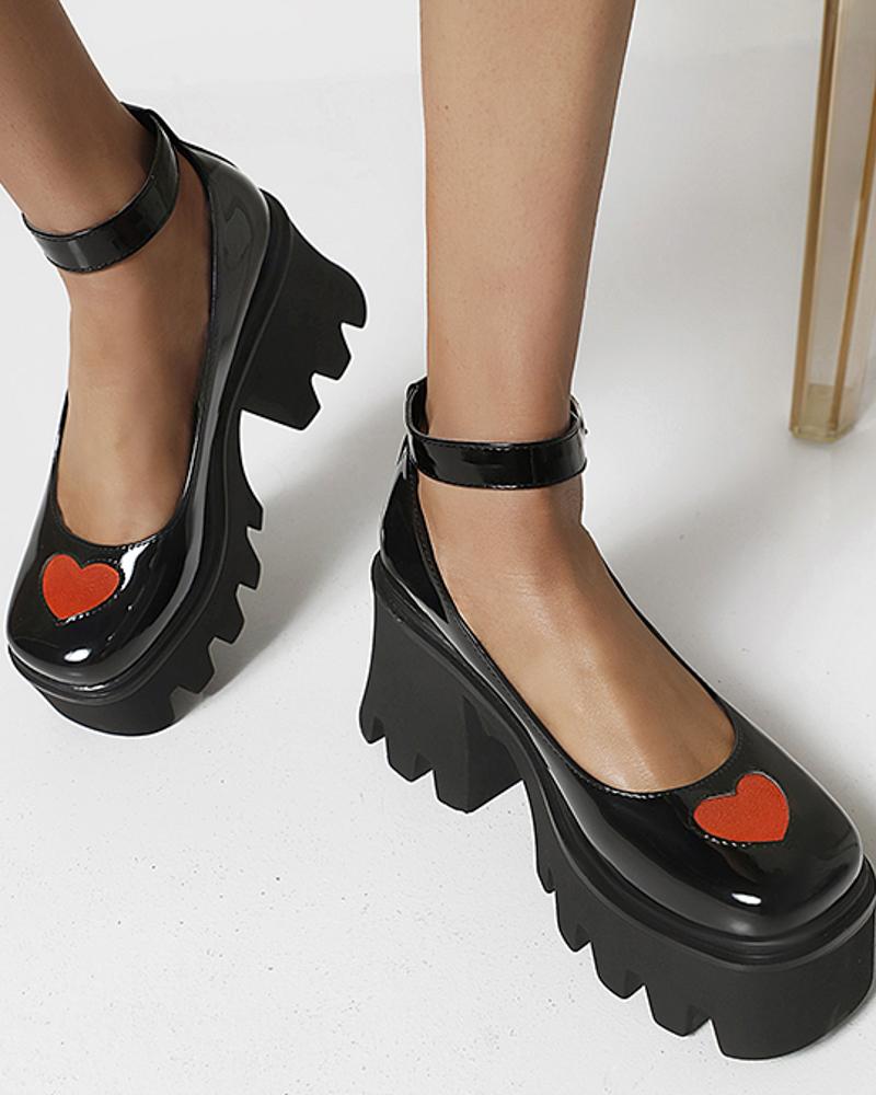 

Chic Womens Red Heart Decor Square Toe Shiny Finish Platform Shoes, Black