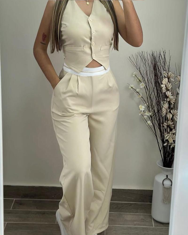 

V-Neck Buttoned Vest Top & Pocket Design Pants Set, Apricot