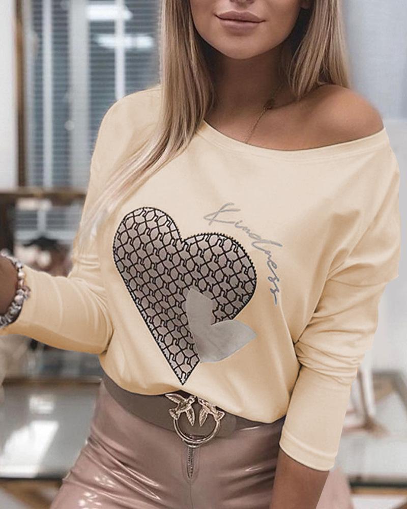 

Heart Print Long Sleeve Top, Apricot