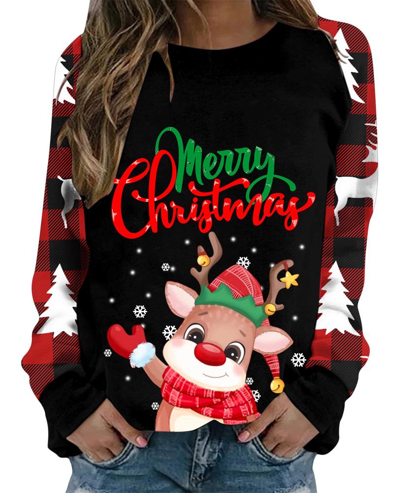 

Christmas Tree Elk Plaid Print Casual Top, Black