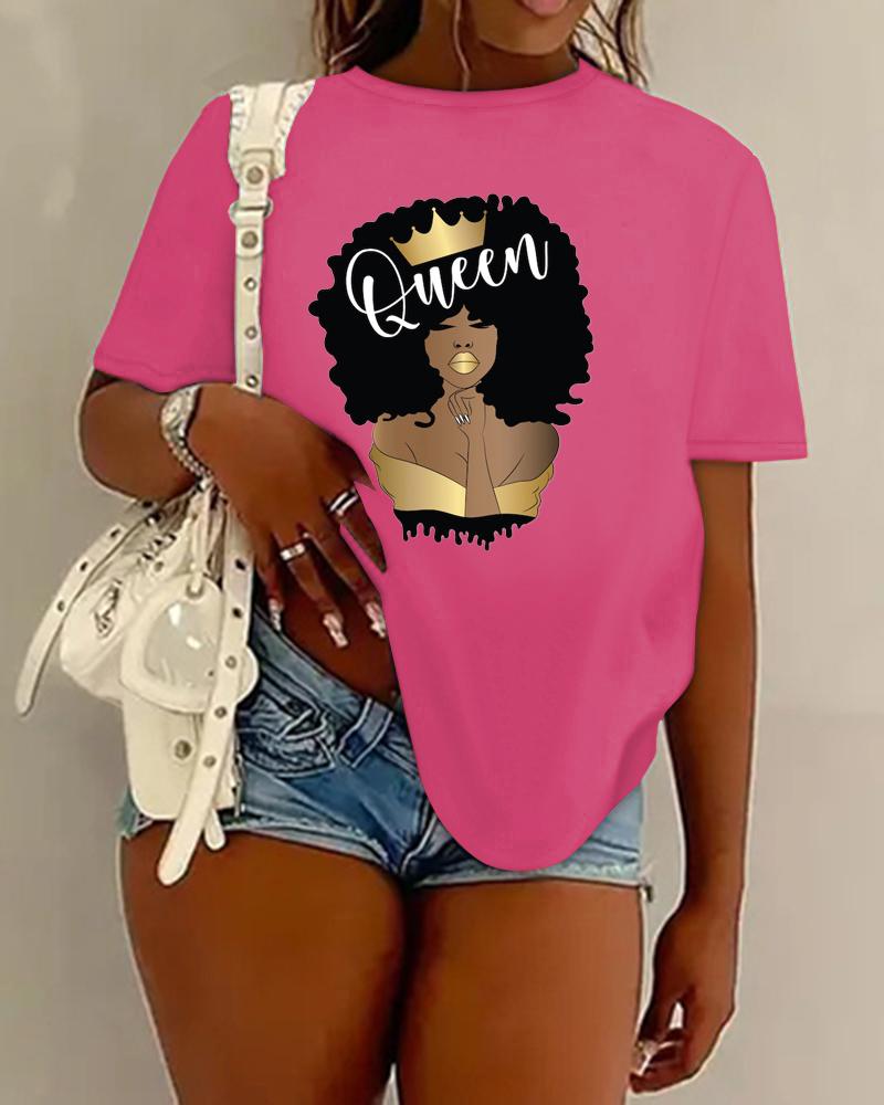 

Plus Size Figure Queen Letter Print Casual T-shirt, Hot pink