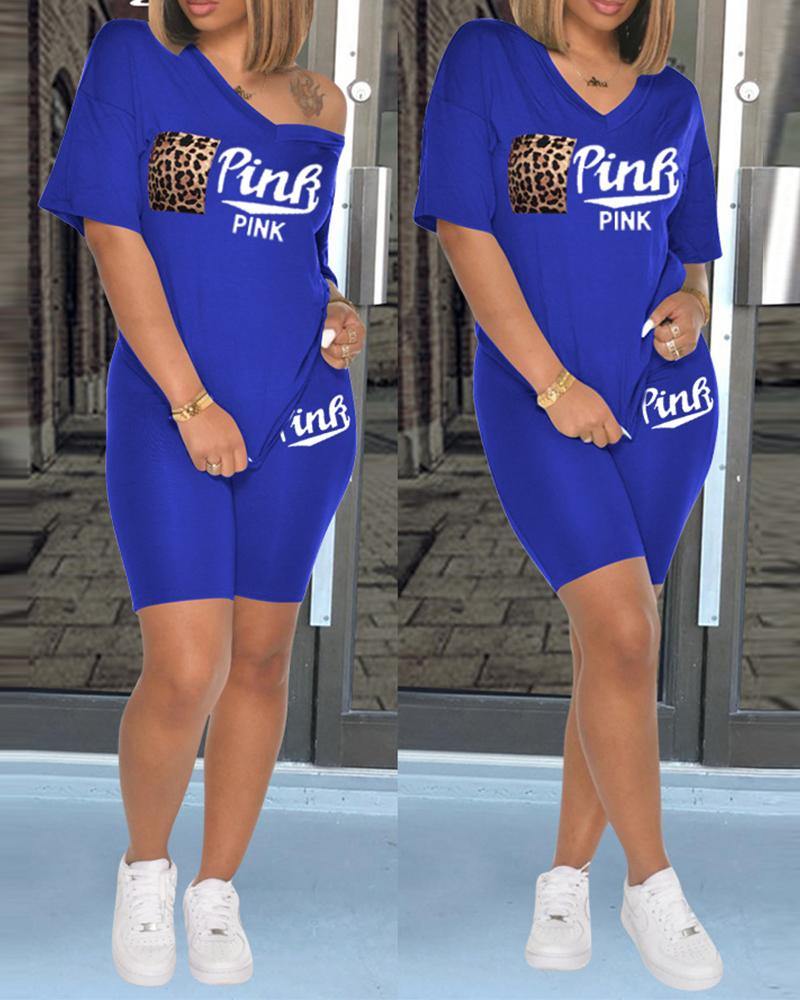 

Letter Leopard Print Pocket Design Top & Shorts Set, Dark blue