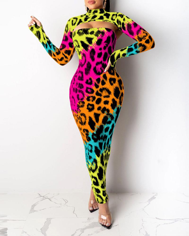 

Camo Leopard Print Skinny Tube Dress With Super Crop Top, Multicolor