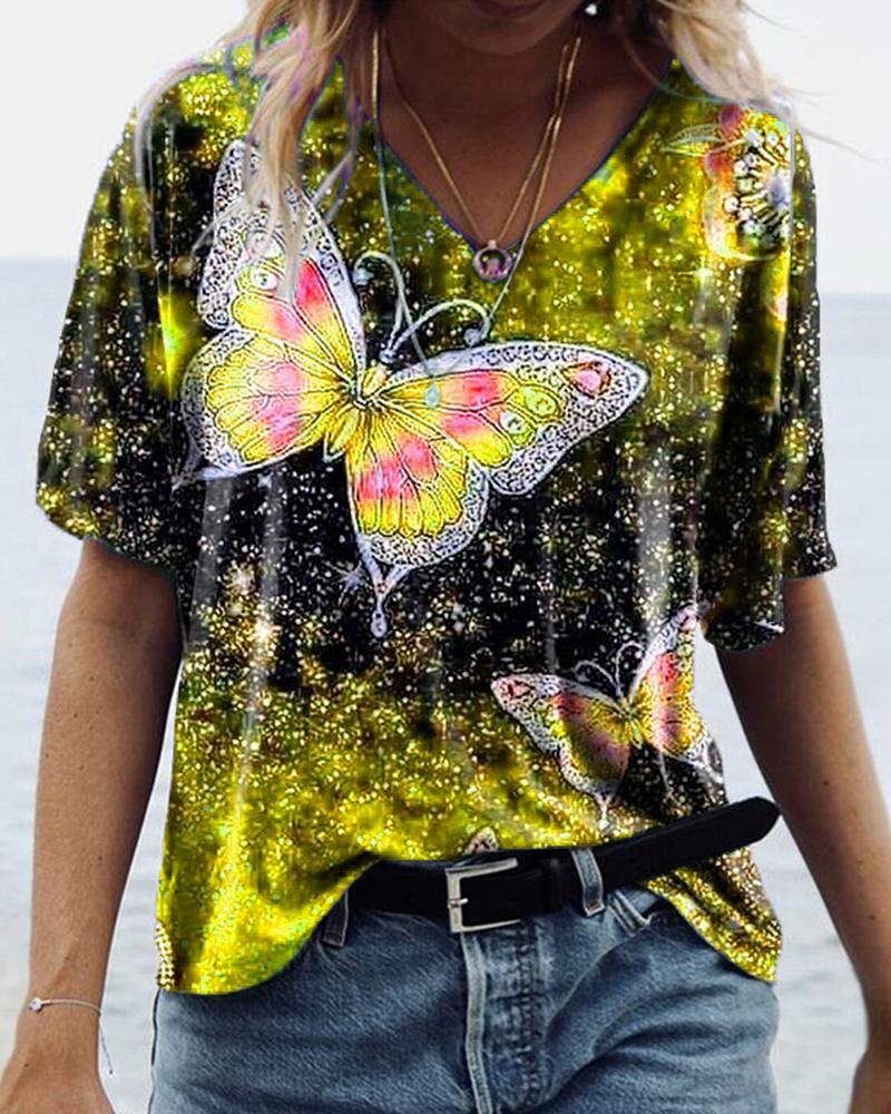 

Butterflies Print Short Sleeve T-shirt, Yellow