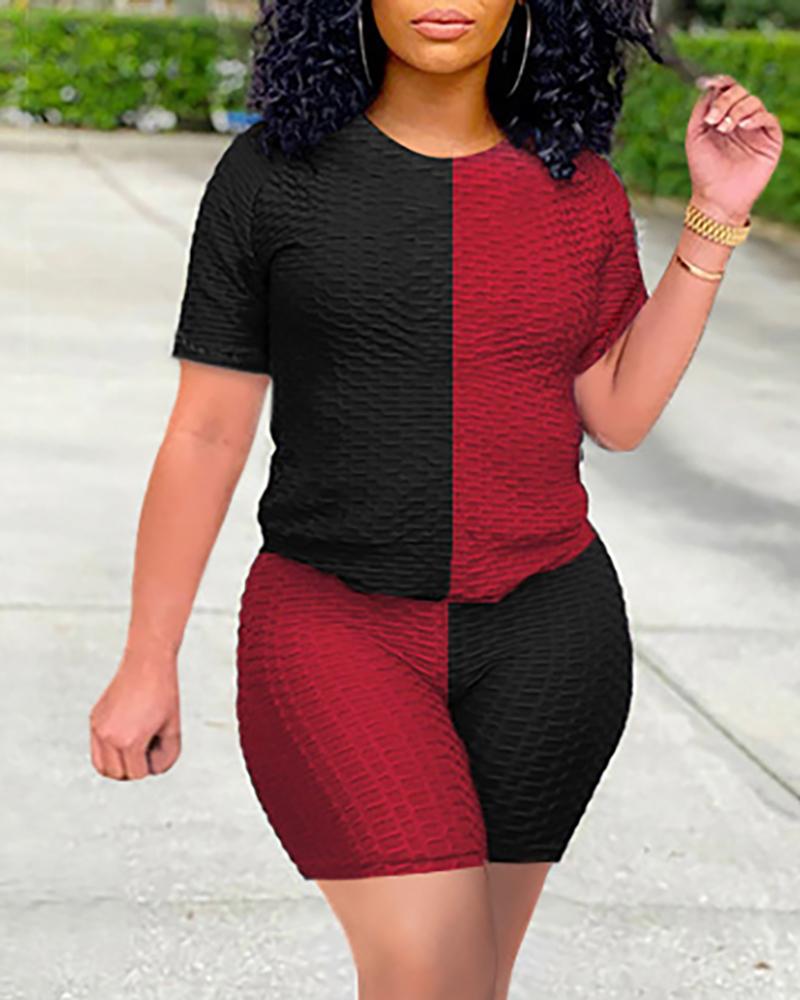 

Colorblock Bubble Textured Butt Lifting Tummy Control Active Sets, Red