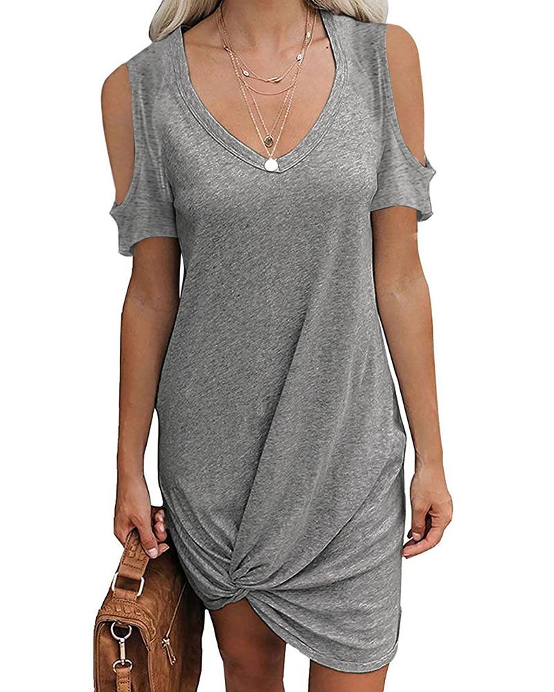 

Solid Color Cold Shoulder Twisted Knot Dress, Gray
