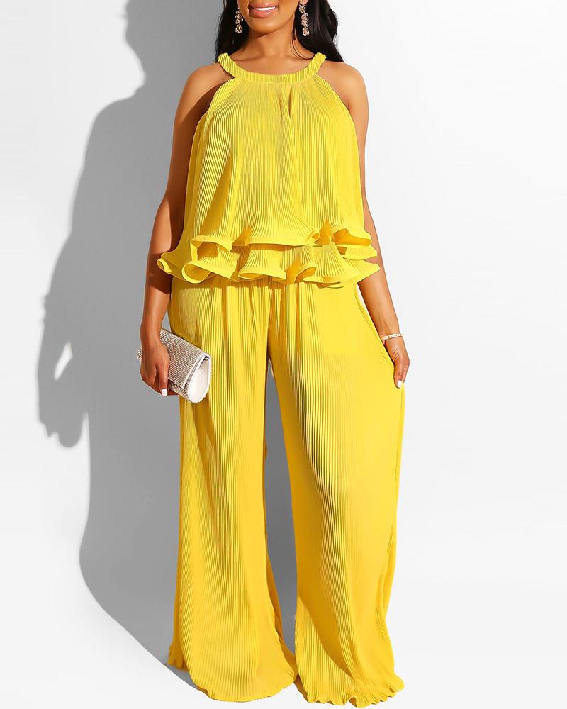 

Sleeveless Frill Hem Top & Wide Leg Pants Set, Yellow