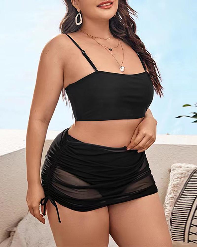 

3PCS Plus Size Bikini Set With Sheer Mesh Ruched Cover Up Skirt, Black