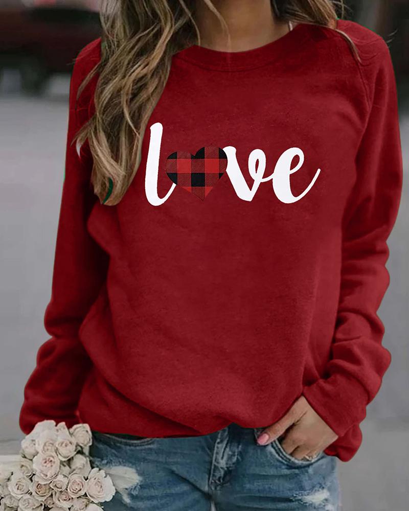 

Letter Heart Print Casual Long Sleeve Sweatshirt, Red