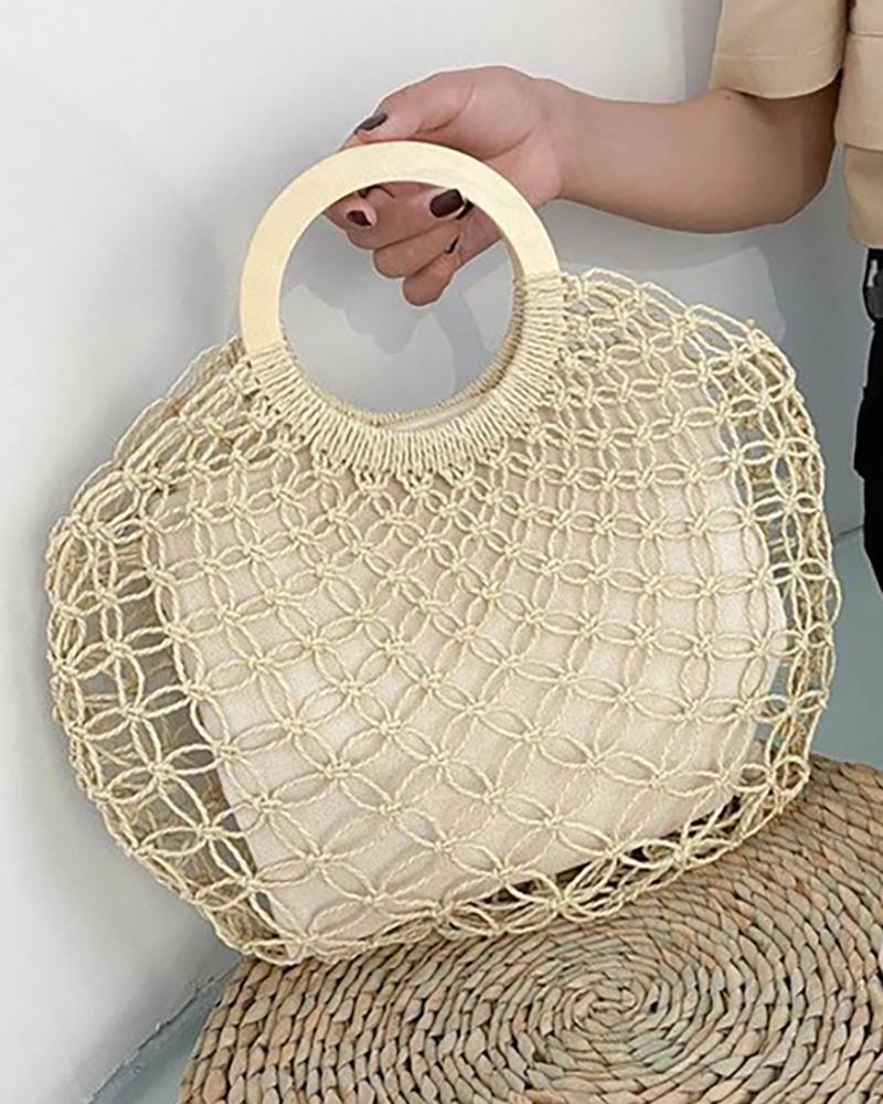 

Straw Fishnet Round Handle Beach Bag, Nude