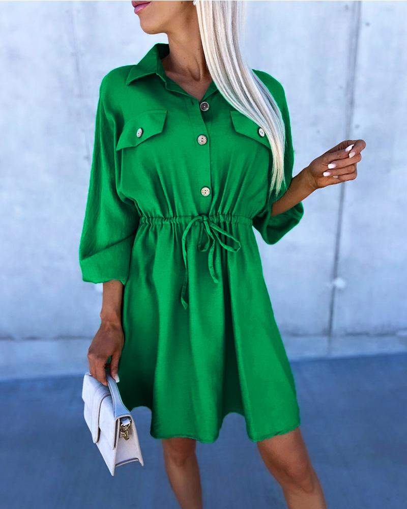 

Buttoned Drawstring Flap Detail Shirt Dress, Green