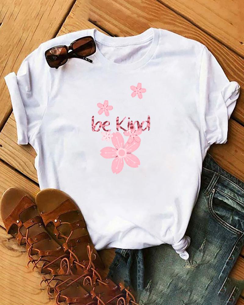 

Be Kind Cherry Blossoms Print Casual T-shirt, White