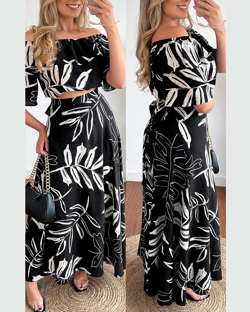 

Plants Print off Shoulder Top & Skirt Set, Black