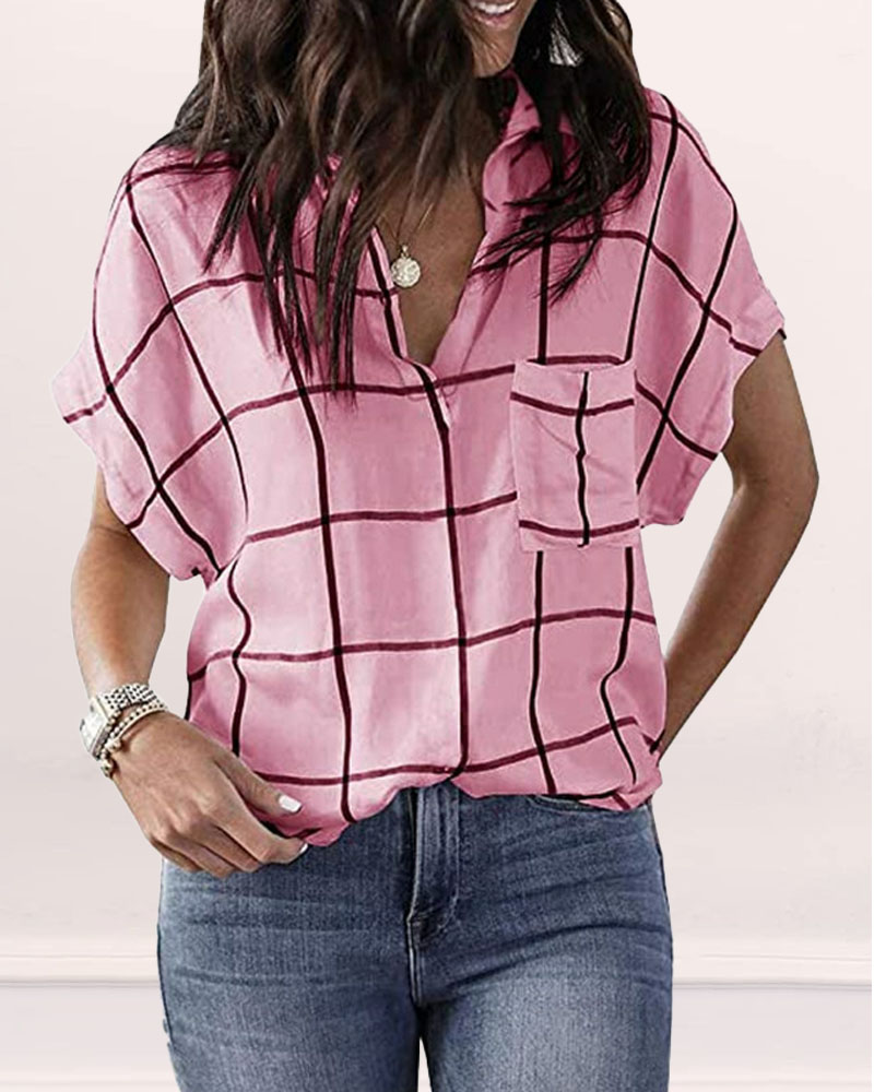 

Plaid Print Pocket Detail Casual Top, Pink