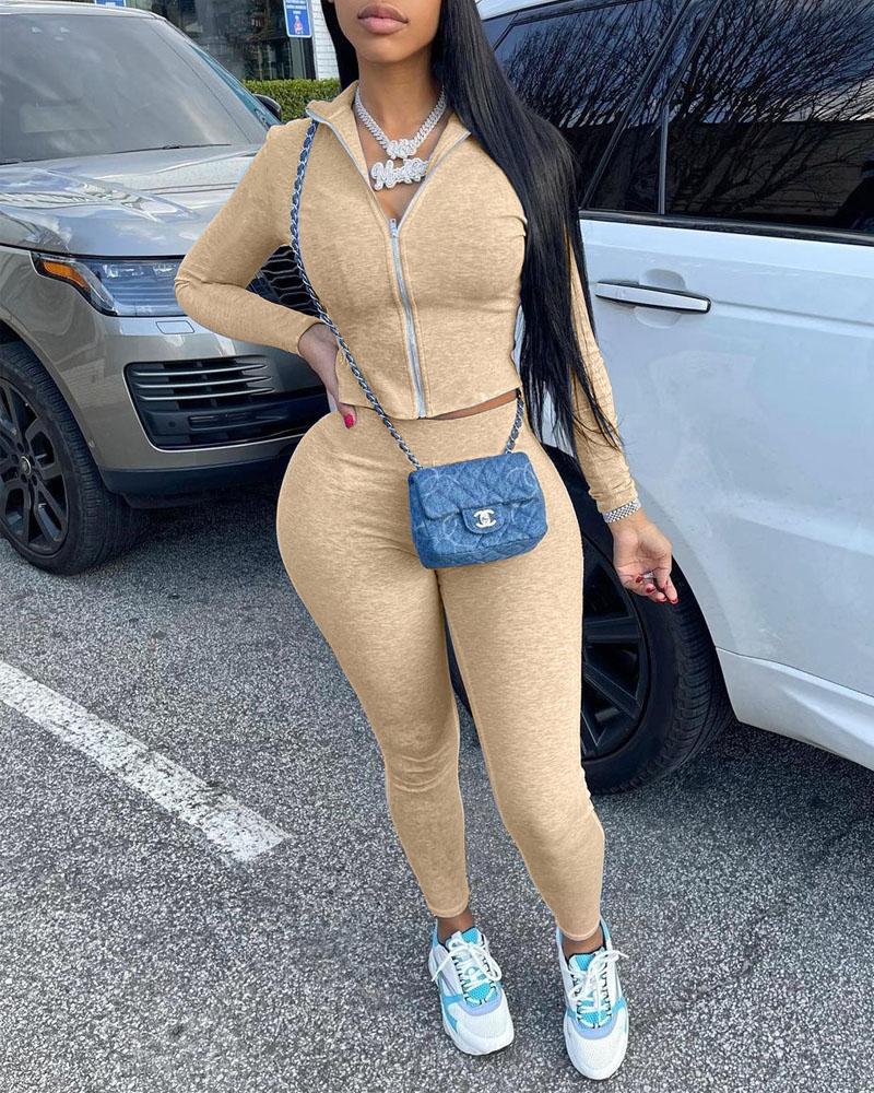 

Long Sleeve Zip Up Crop Top & Pants Set, Khaki