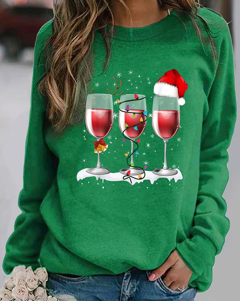 

Christmas Long Sleeve Wine Glasses Graphic Print Sweatshirt Casual Daily Shirt, Green