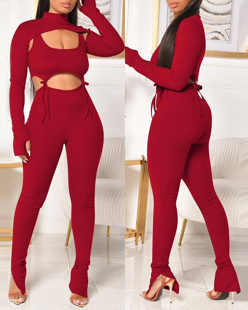 

Plain Long Sleeve Top & Thick Strap Tank & Slit Pants Set, Red