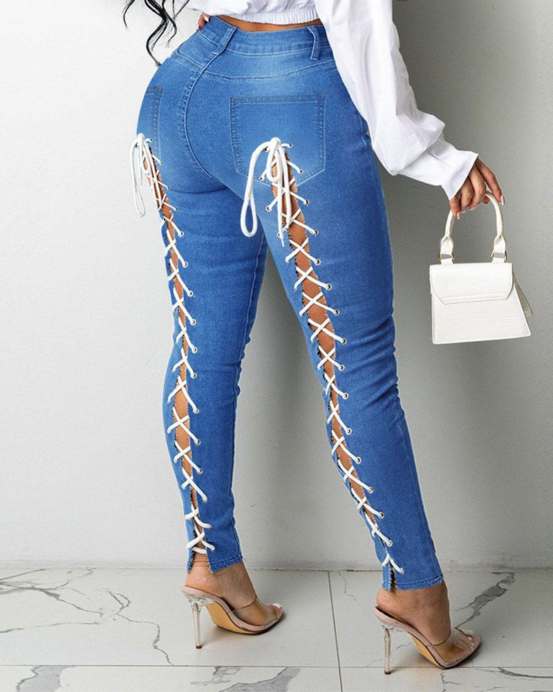 

Plus Size Zipper Fly Grommet Eyelet Lace-Up Skinny Jeans, Blue