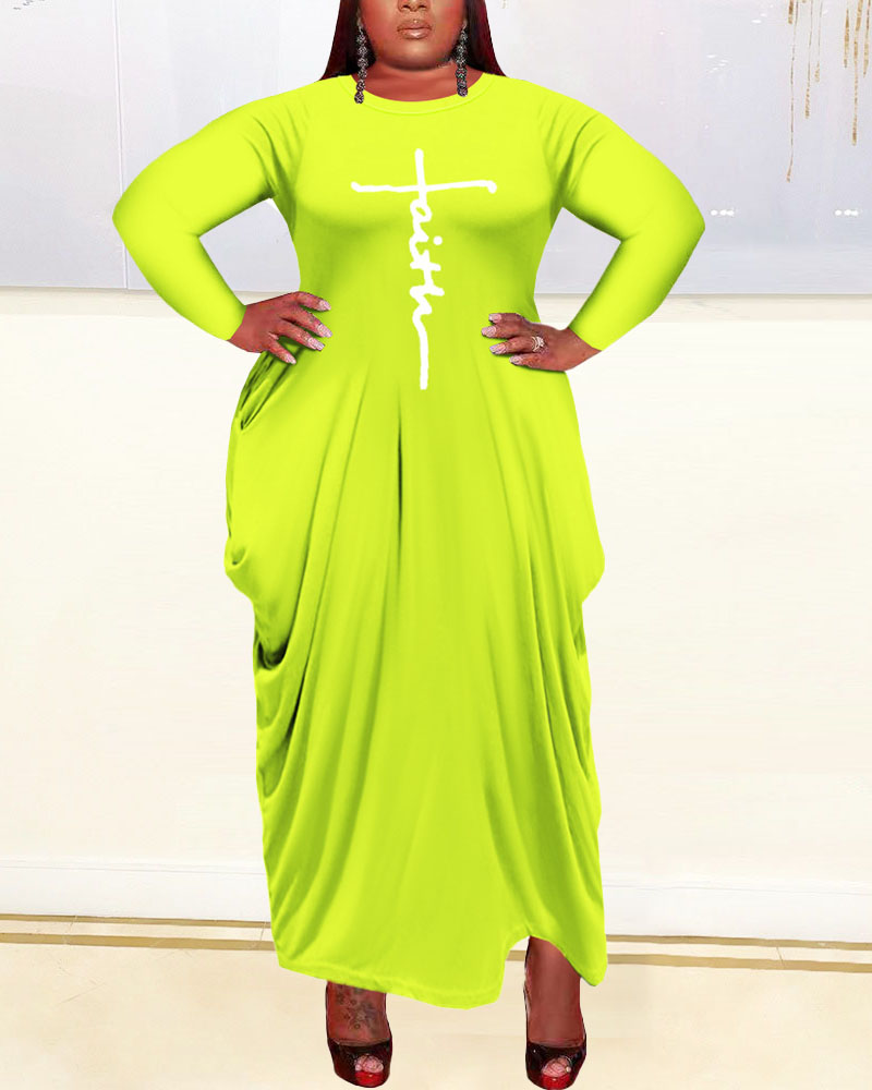 

Plus Size Letter Print Long Sleeve Maxi Dress, Light green