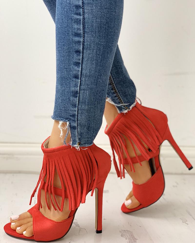 

Solid Tassels Cut Out Thin Heeled Sandals, Red