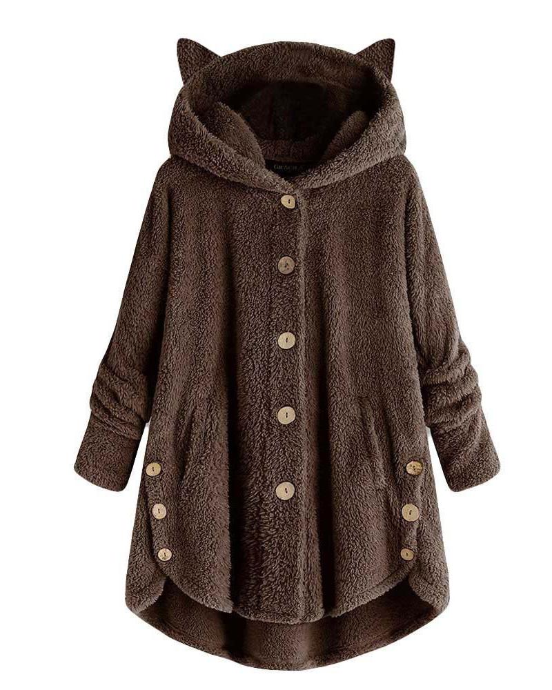 

Plus Size Long Sleeve 3D Cat Hooded Teddy Coat, Coffee