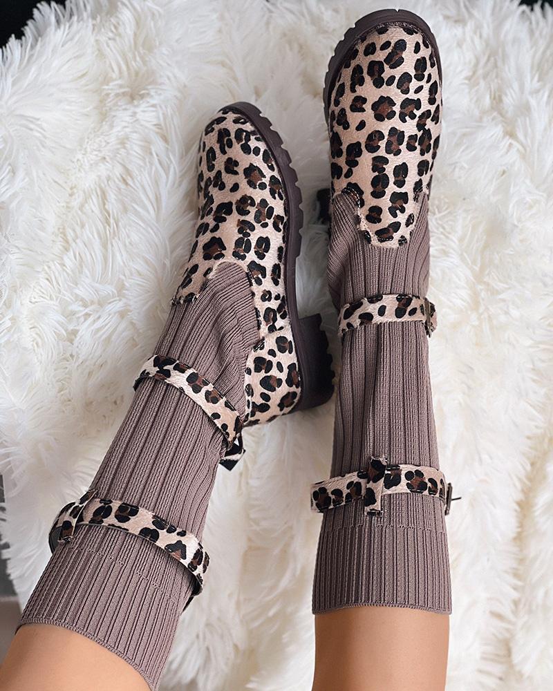 

Ombre Buckled Knit Martin Boots, Leopard