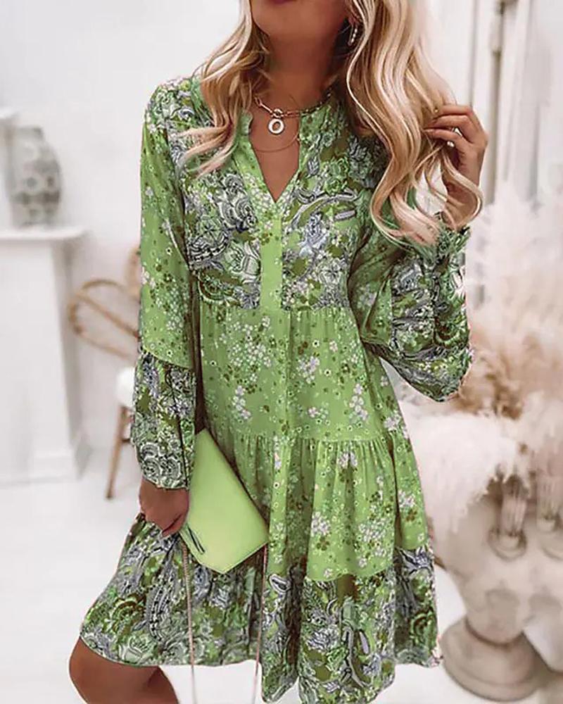 

Ditsy Floral Paisley Print Bell Sleeve Casual Dress, Green