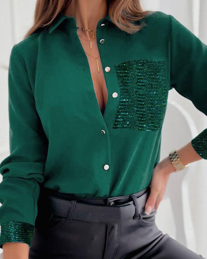 

Contrast Sequin Long Sleeve Button Down Shirt, Green