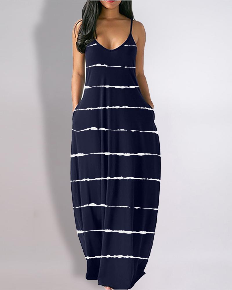 

Tie Dye Print Pocket Detail V-Neck Casual Dress, Purplish blue