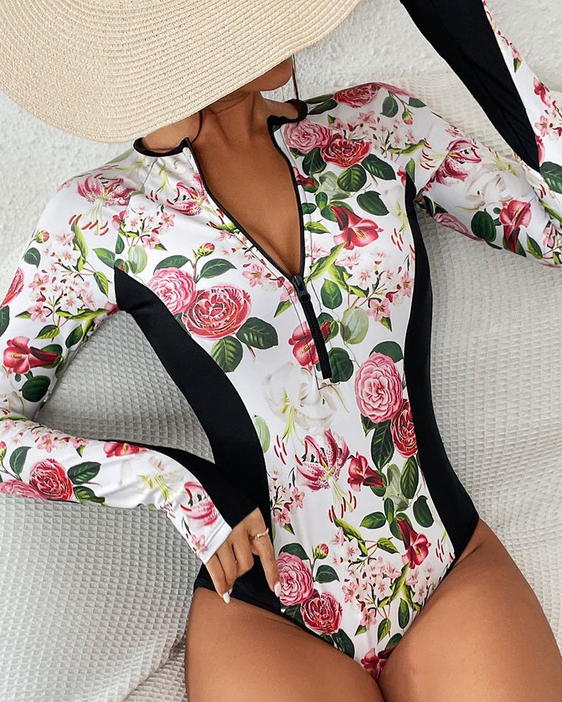 

Tropical Print Zipper Design One Piece Swimsuit, Red