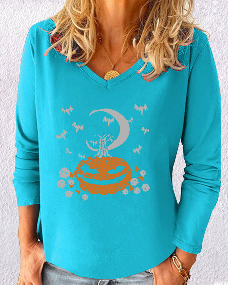 

Halloween Pumpkin Batwing Skull Pattern Long Sleeve Top, Blue