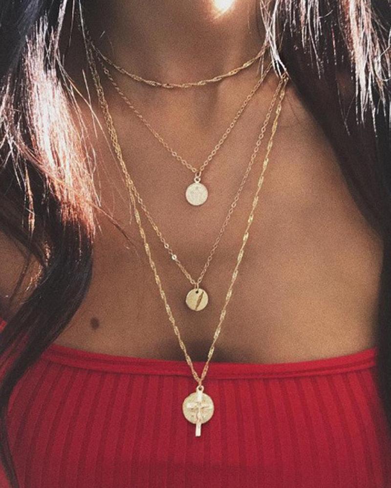 

4pcs Multi-layer Disc Cross Pendant Necklaces Set, Gold