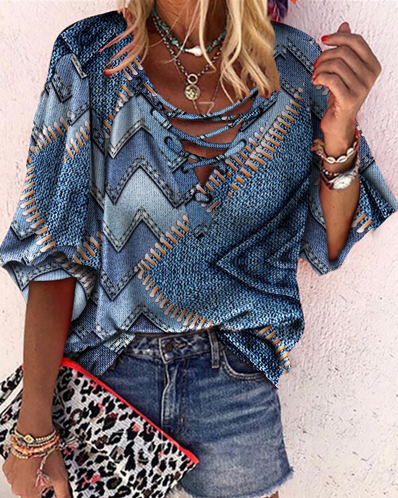 

V-neck Lantern Sleeve Lace-up Floral Print Casual Top, Blue