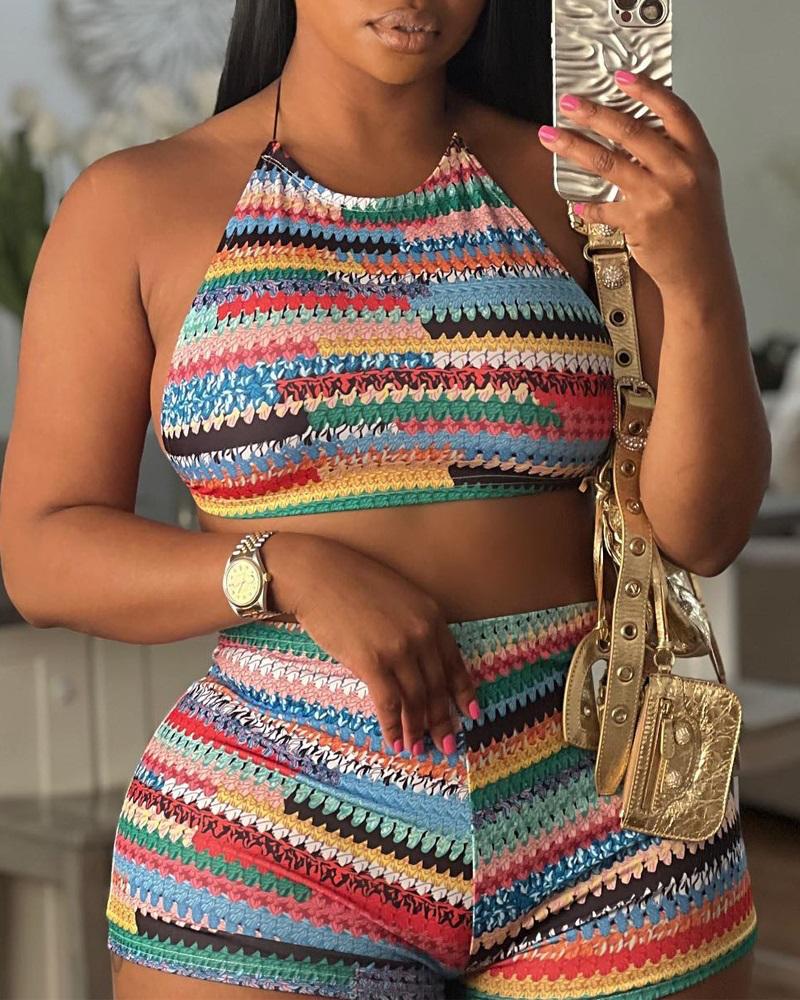 

Rainbow Abstract Print Round Neck Top & Shorts Set, Multicolor