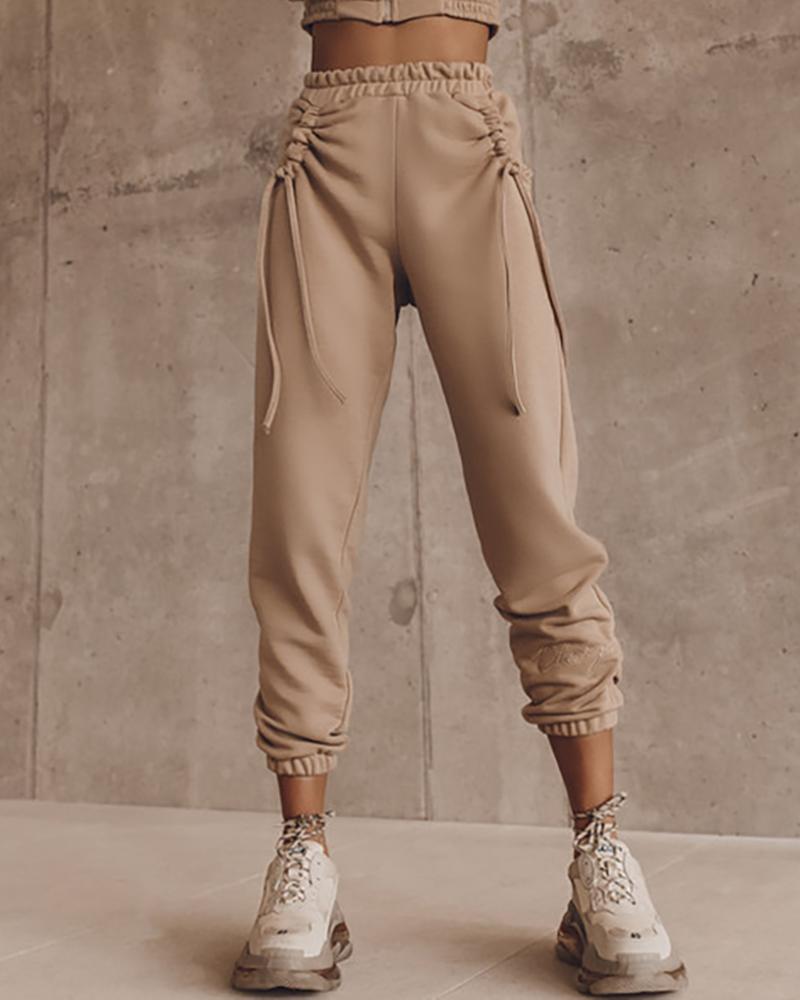 

Drawstring Ruched High Waist Casual Pants, Khaki