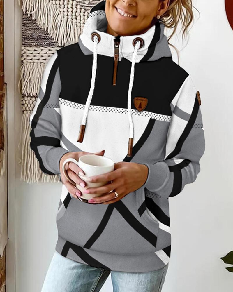 

Geometric Print Long Sleeve Drawstring Hoodie, Gray