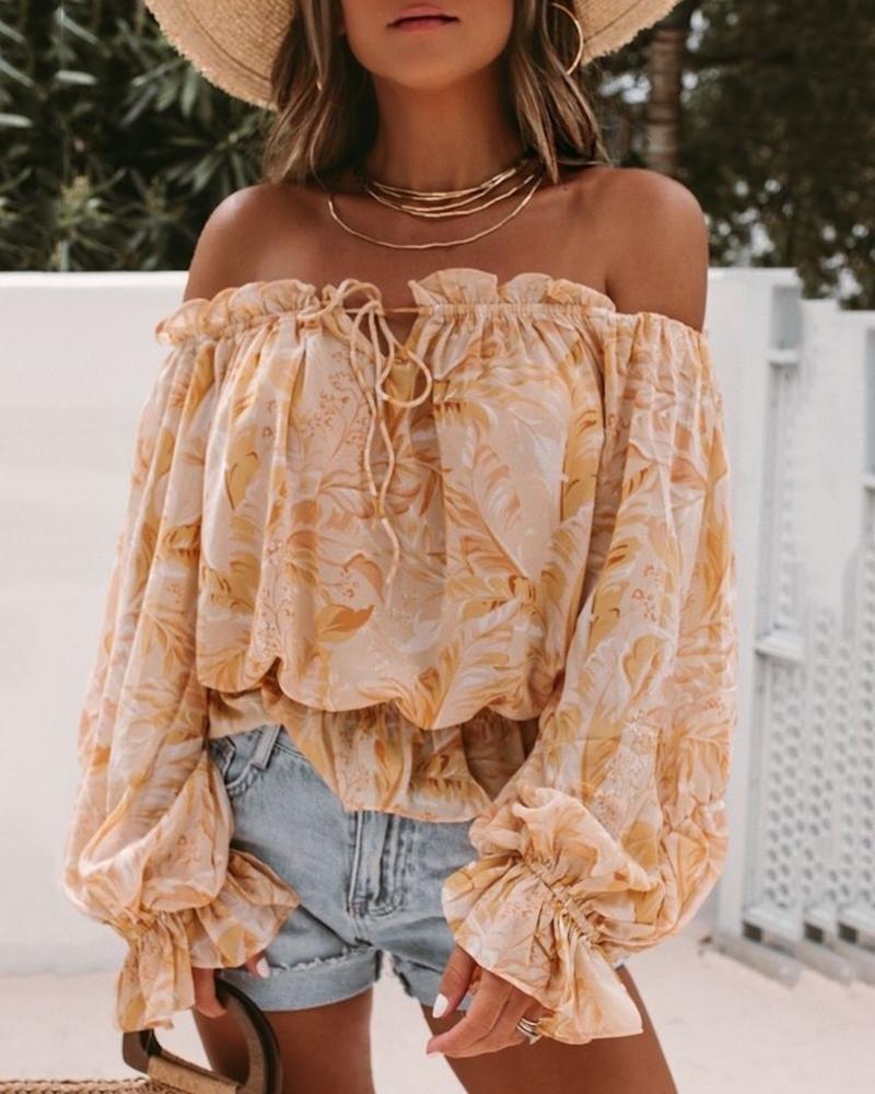 

Allover Print Frill Hem Lantern Sleeve Top, Yellow