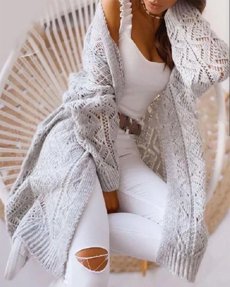 

Hollow Out Knit Logn Sleeve Cardigan, Gray