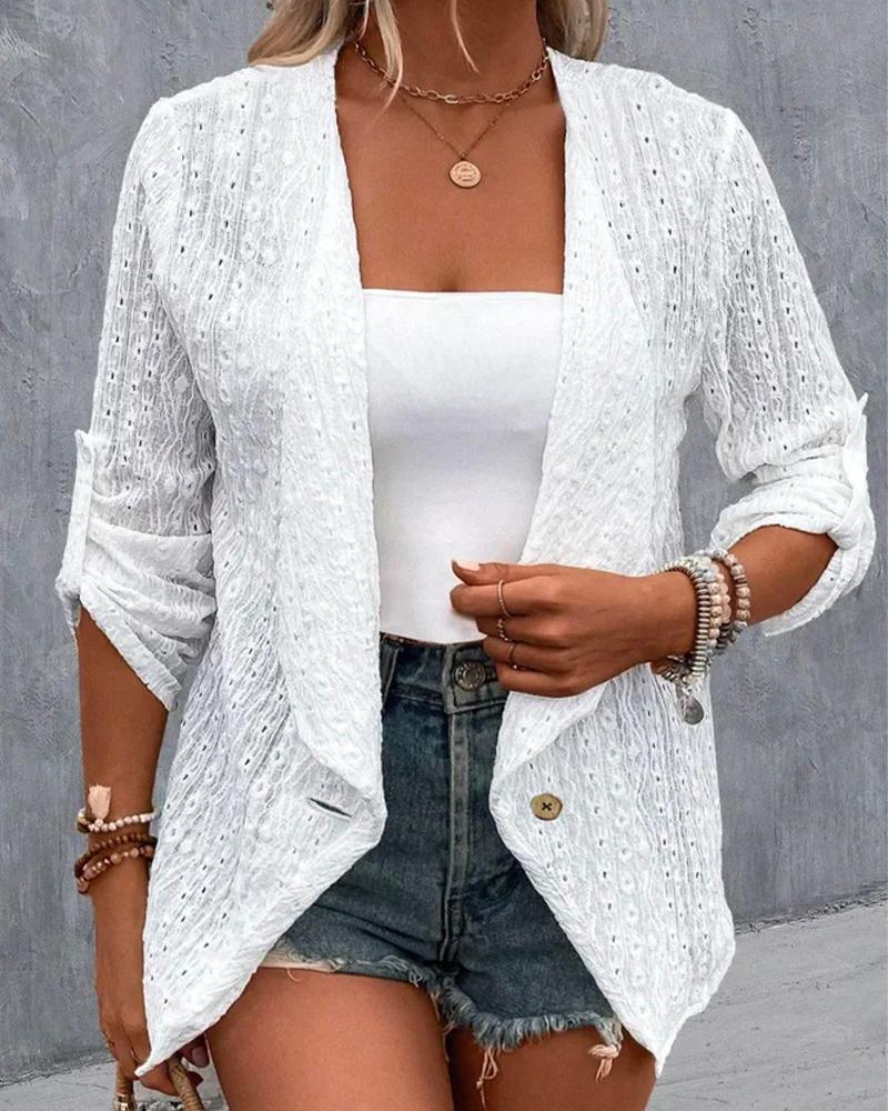 

Plus Size Roll Up Sleeve Eyelet Embroidery Buttoned Coat, White