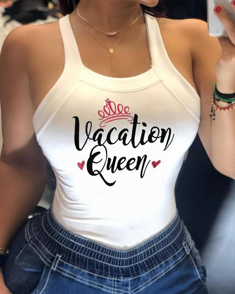 

Thick Strap Letter Print Fitted Top, White