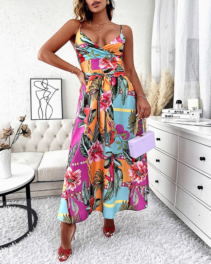 

Tropical Print V-Neck Maxi Dress With Belt, Multicolor